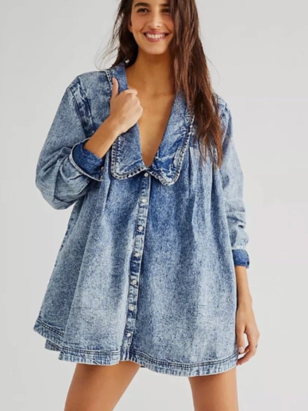 Free People Ruffle Collar Denim Swing Blouse